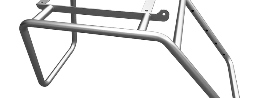 Custom polished bent metal tube support frame with mounting holes, welded tubular equipment rack with pre-drilled mounting points