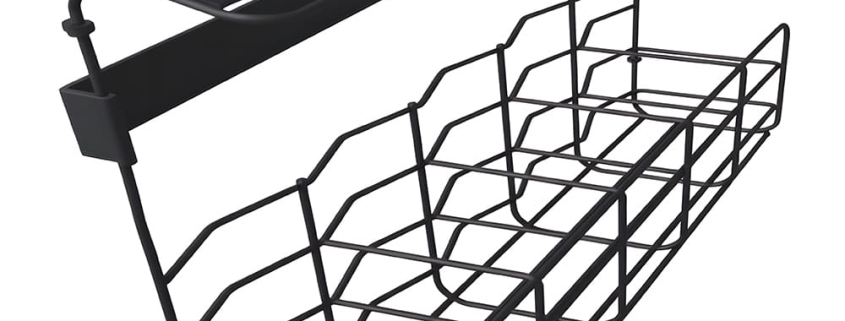 Custom black coated carbon steel wall mount spice rack, hook-type wire spice storage basket with top mounting board