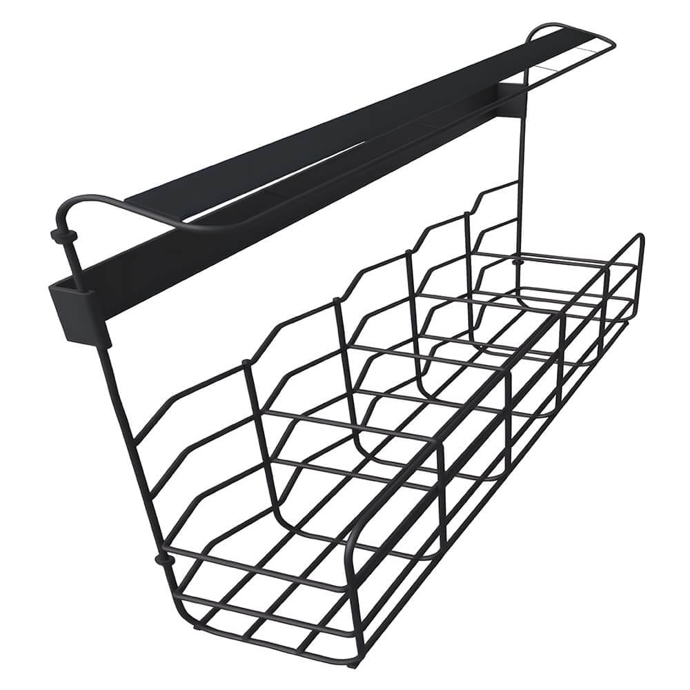 Custom black coated carbon steel wall mount spice rack, hook-type wire spice storage basket with top mounting board