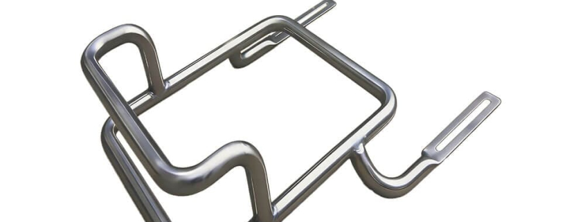 Custom polished stainless steel double curved pipe equipment mount bracket, bent tubular stainless steel mounting caddy