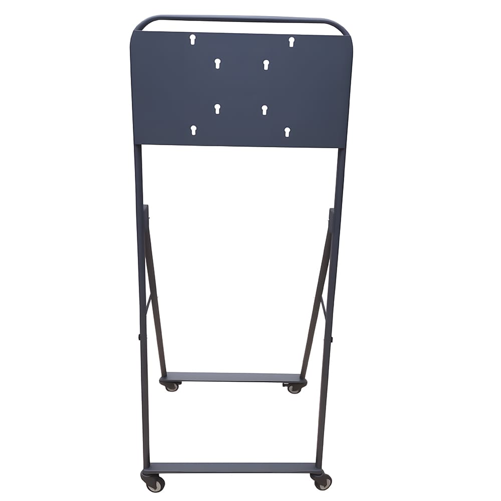 Custom dark grey powder coated foldable wheeled display stand frame, mobile poster board support rack with casters