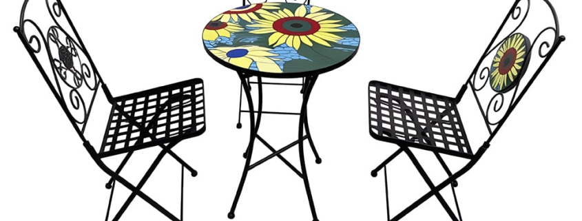 Custom black wrought iron foldable patio bistro set, mosaic sunflower tabletop metal outdoor table and chair set
