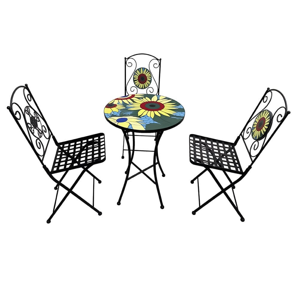 Custom black wrought iron foldable patio bistro set, mosaic sunflower tabletop metal outdoor table and chair set