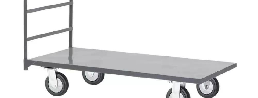 Custom grey powder coated four-wheel industrial loading trolley, flat platform metal transport hand cart