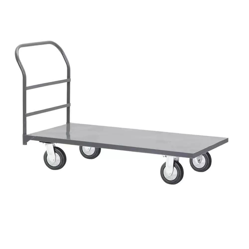 Custom grey powder coated four-wheel industrial loading trolley, flat platform metal transport hand cart