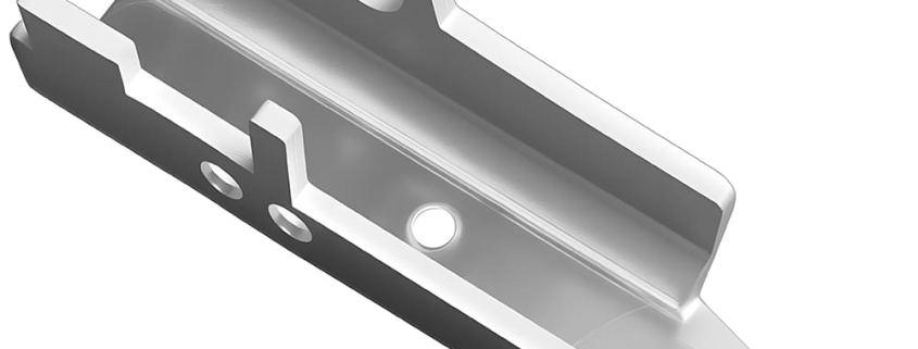 Custom stamped steel mounting bracket for go-kart, formed sheet metal fixture with positioning slots and mounting holes