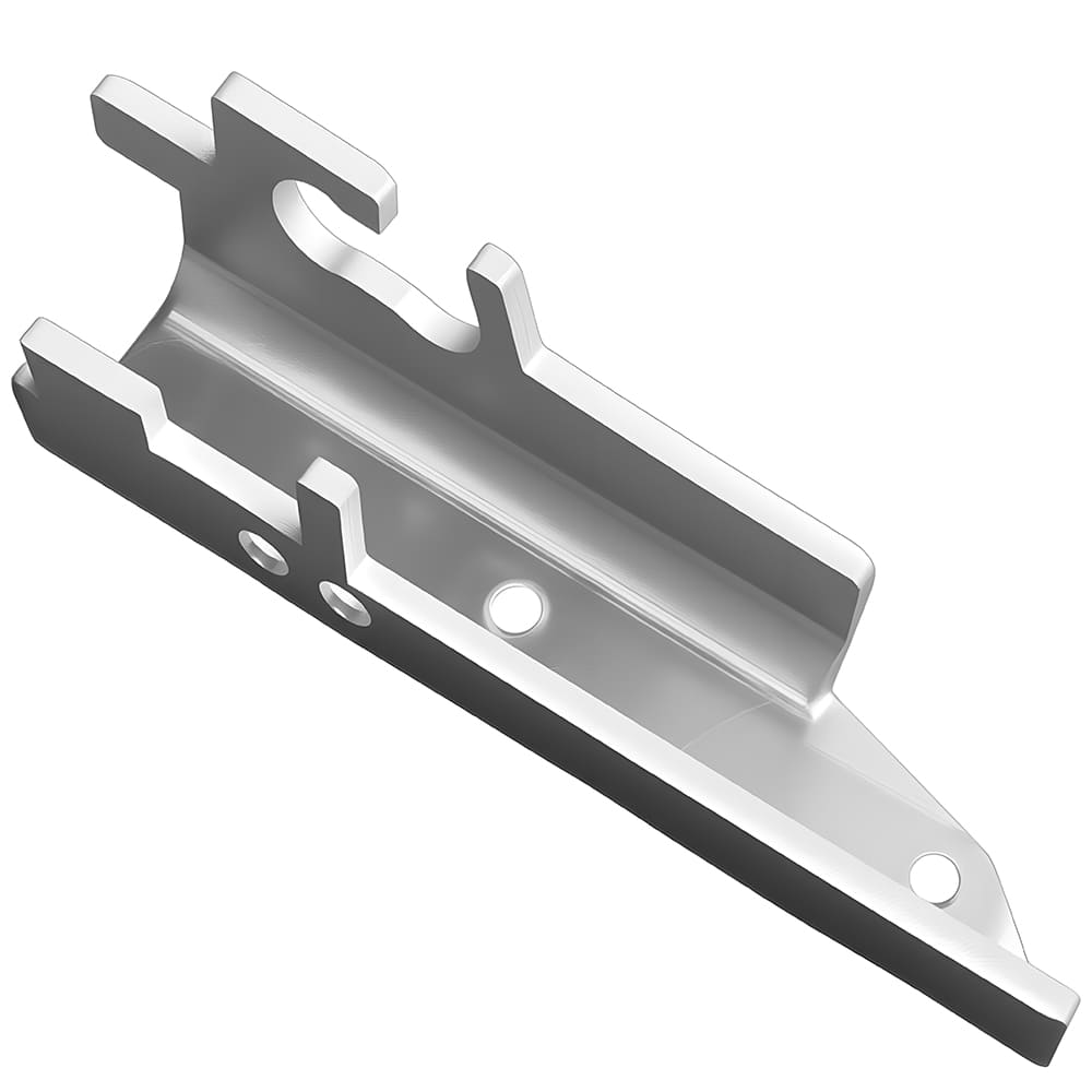 Custom stamped steel mounting bracket for go-kart, formed sheet metal fixture with positioning slots and mounting holes