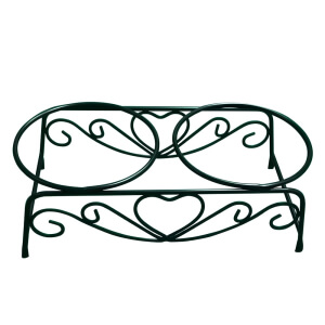 Custom dark green powder coated heart pattern metal wire pet bowl stand, double pet feeding bowl holder