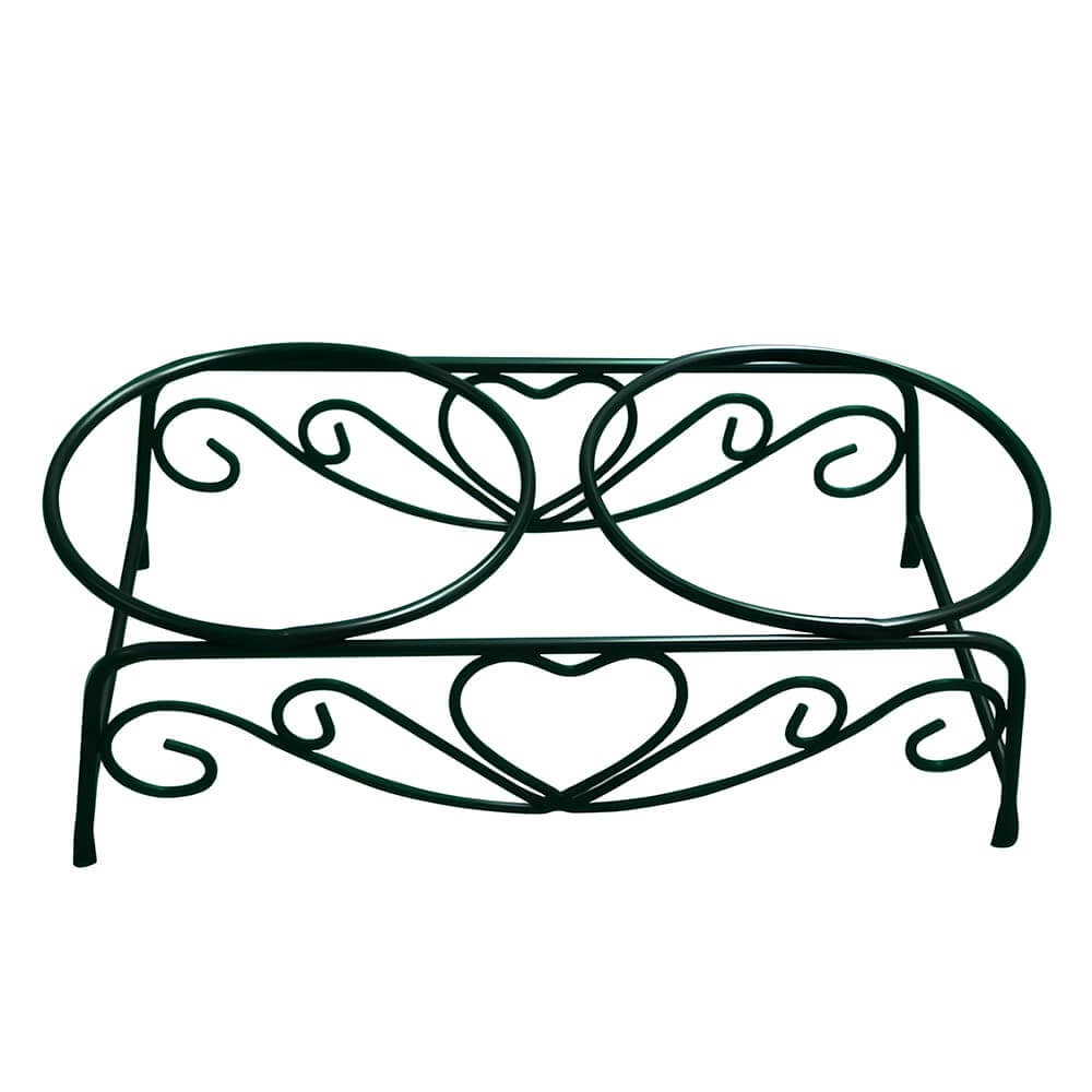 Custom dark green powder coated heart pattern metal wire pet bowl stand, double pet feeding bowl holder