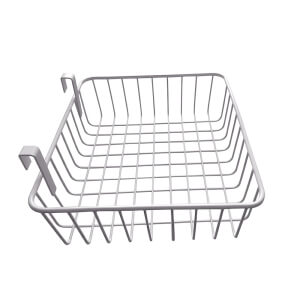 Custom white powder coated hook-on wire storage basket, hanging metal wire basket with side hooks for cart shelf