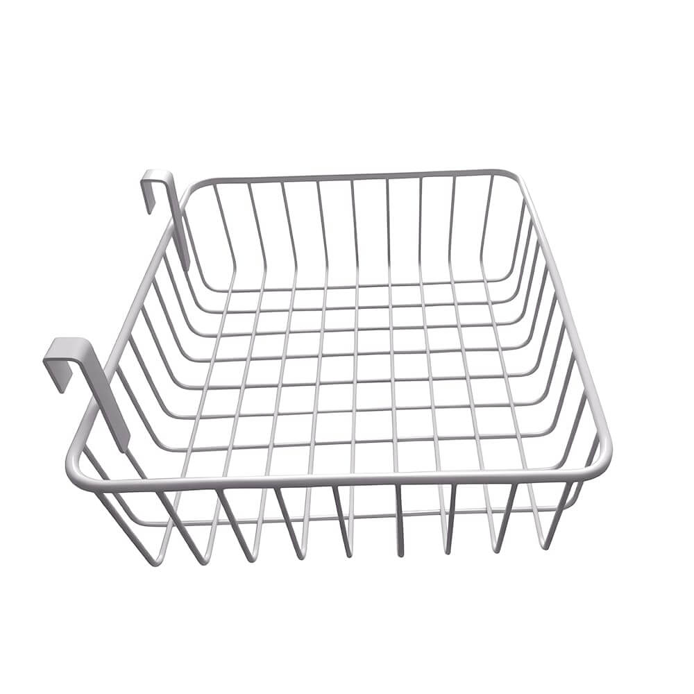 Custom white powder coated hook-on wire storage basket, hanging metal wire basket with side hooks for cart shelf