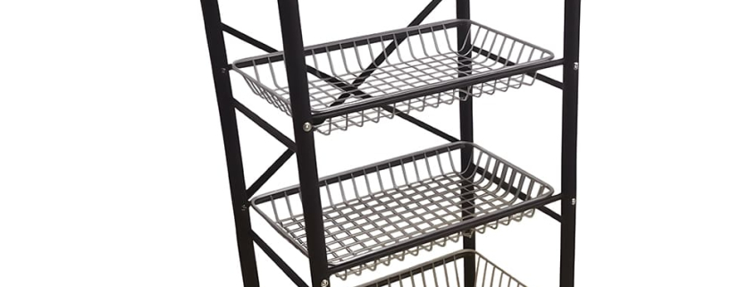 Custom black powder coated multi-layer metal utility rack, indoor outdoor wire storage display rack with hooks
