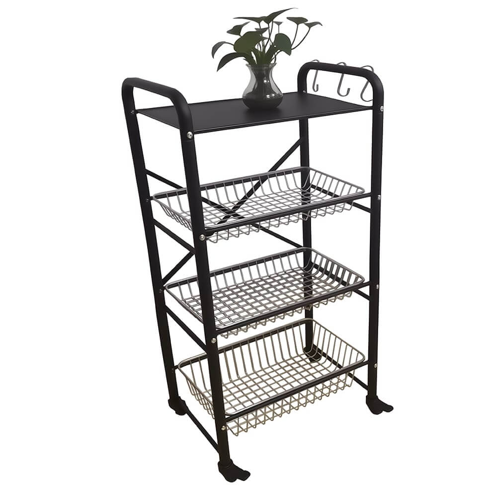 Custom black powder coated multi-layer metal utility rack, indoor outdoor wire storage display rack with hooks