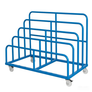 Custom blue powder coated mobile multi-grid metal display rack with lockable casters for goods storage