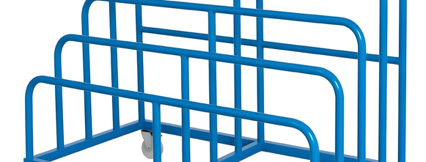 Custom blue powder coated mobile multi-grid metal display rack with lockable casters for goods storage