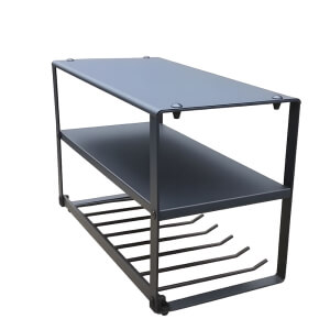 Custom black powder coated multi-layer metal tool storage rack for workshop and equipment storage