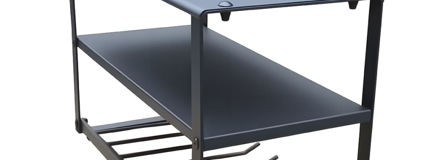 Custom black powder coated multi-layer metal tool storage rack for workshop and equipment storage