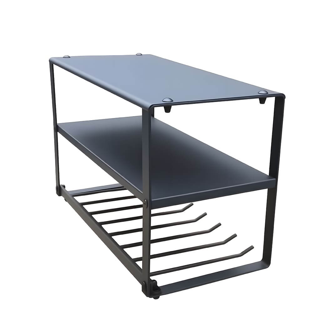 Custom black powder coated multi-layer metal tool storage rack for workshop and equipment storage