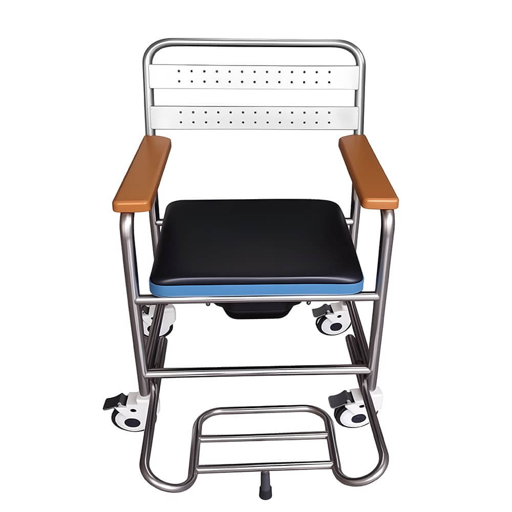 Stainless steel multi-function nursing commode chair with casters, mobile bath toilet chair for elderly care
