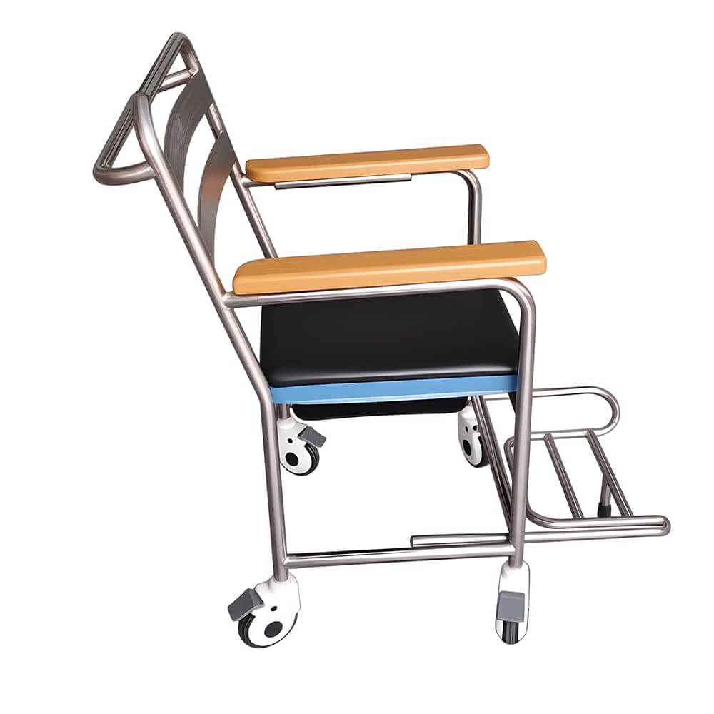 Custom stainless steel shower commode chair frame with casters for elderly and disabled care