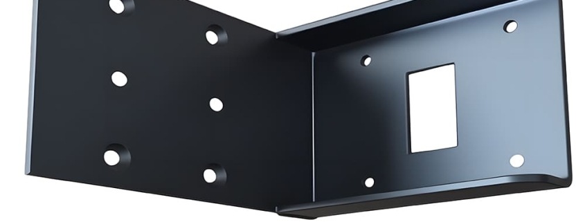 Custom stamped carbon steel L-shaped mounting bracket with black powder coating